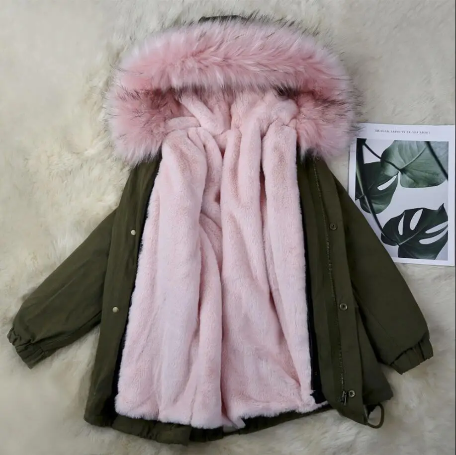 green and pink Новинка года, зимние пальто из искусственного меха кролика рекс для мальчиков и девочек съемный меховой подклад куртки детская парка с капюшоном для мальчиков и девочек K26 - Цвет: green and pink