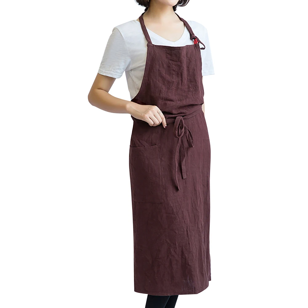 BAVER Premium Fashion Handmade Japanese Style Linen Apron with Packets for Kitchen Coffee Shop Waiter Studio dress - Цвет: Coffee
