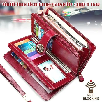 

RFID Women Leather Long Wallet Zipper Multifunction Large Capacity Purse KS-shipping