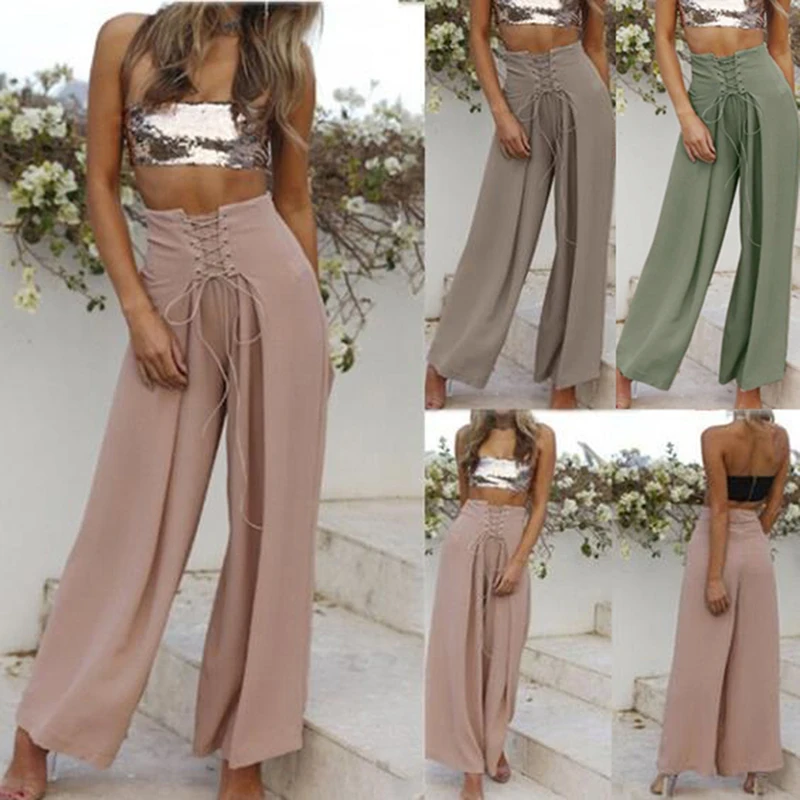 Wide Leg Pants Lace Up Casual Pants Women Autumn Cross Strap High Waist Solid Color Female Pants Loose Casual Trousers