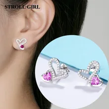 Новое поступление, 925 пробы серебряные серьги-гвоздики с двумя сердечками и розовым красным фианитом для женщин, ювелирные украшения