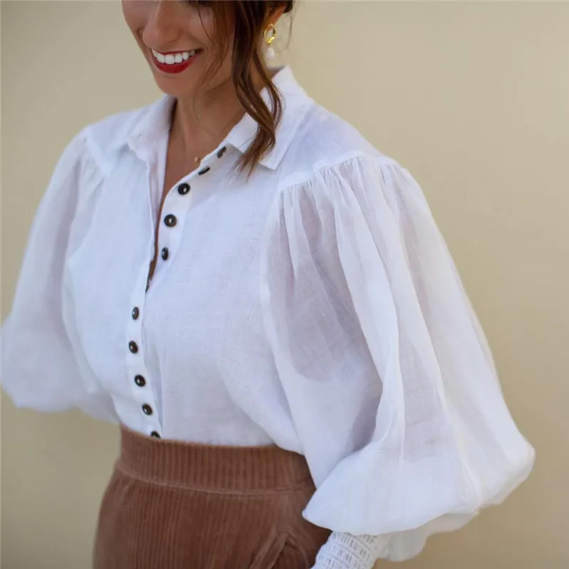 

2020 Autumn Women Blouses New Runway White Linen Elasticated Long-sleeved Classic Shirt Tops