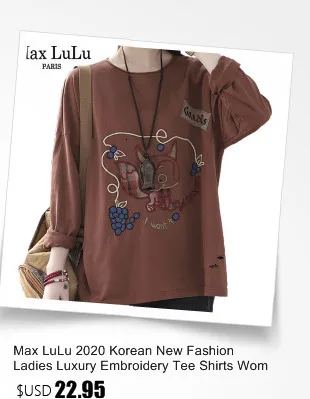 Max LuLu, новинка, корейская мода, женские весенние хлопковые футболки, Женская мультяшная футболка с вышивкой, женские свободные топы с длинным рукавом