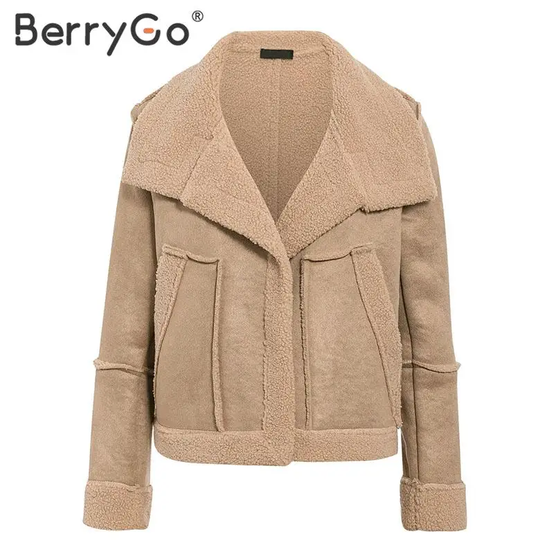 BerryGo, модное плюшевое замшевое лоскутное пальто из искусственного меха для женщин, осенне-зимняя женская теплая куртка с карманами, верхняя одежда, офисное Женское пальто
