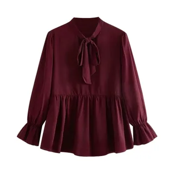 

Women Sexy Blouse New Plus Size Flare Long Sleeve Ruffles Bow Solid Color Tie Pullover Spring Summer Fashion Casual Tops