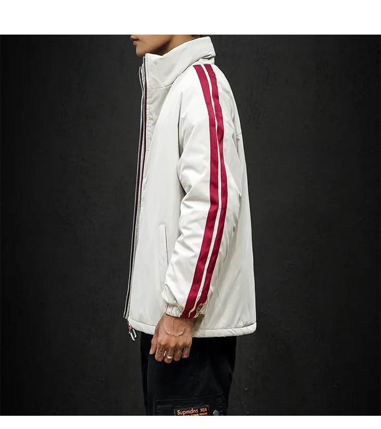 Winter New Style Men Casual Cotton-padded Jacket Trend Versitile Fashion Contrast Color Stripes Printed Stand Collar Cotton