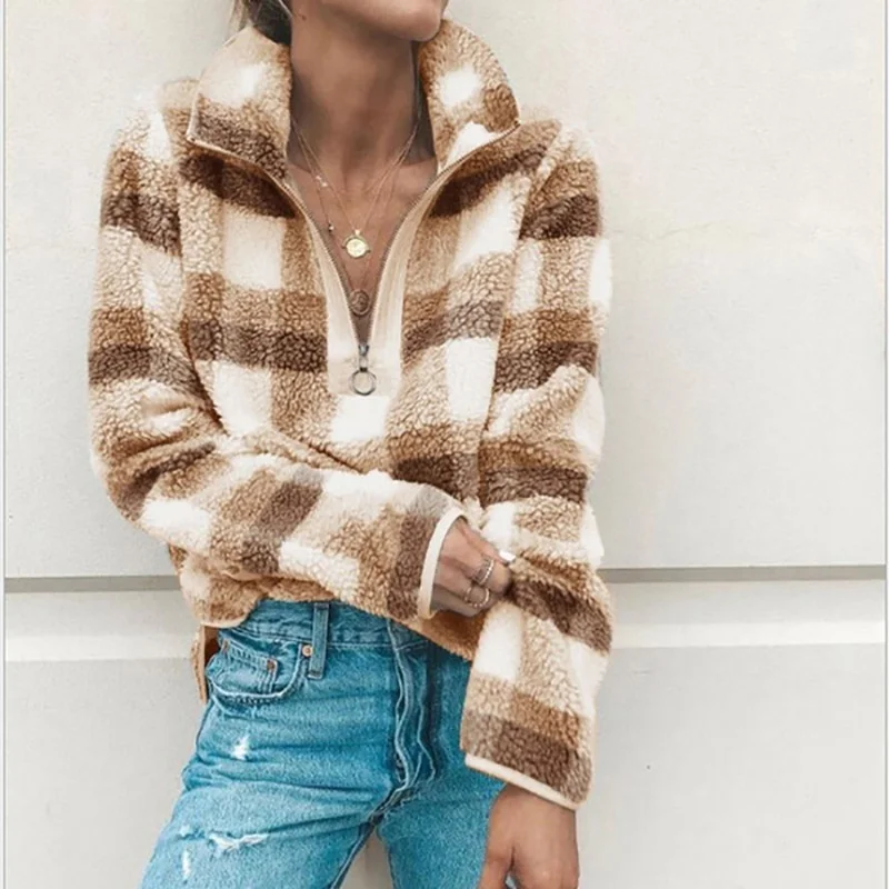 

Women's Top Fall Winter 2020 Classic Plaid Long Sleeve High Collar Zipper Fashion Clothes Casual Warm Tops