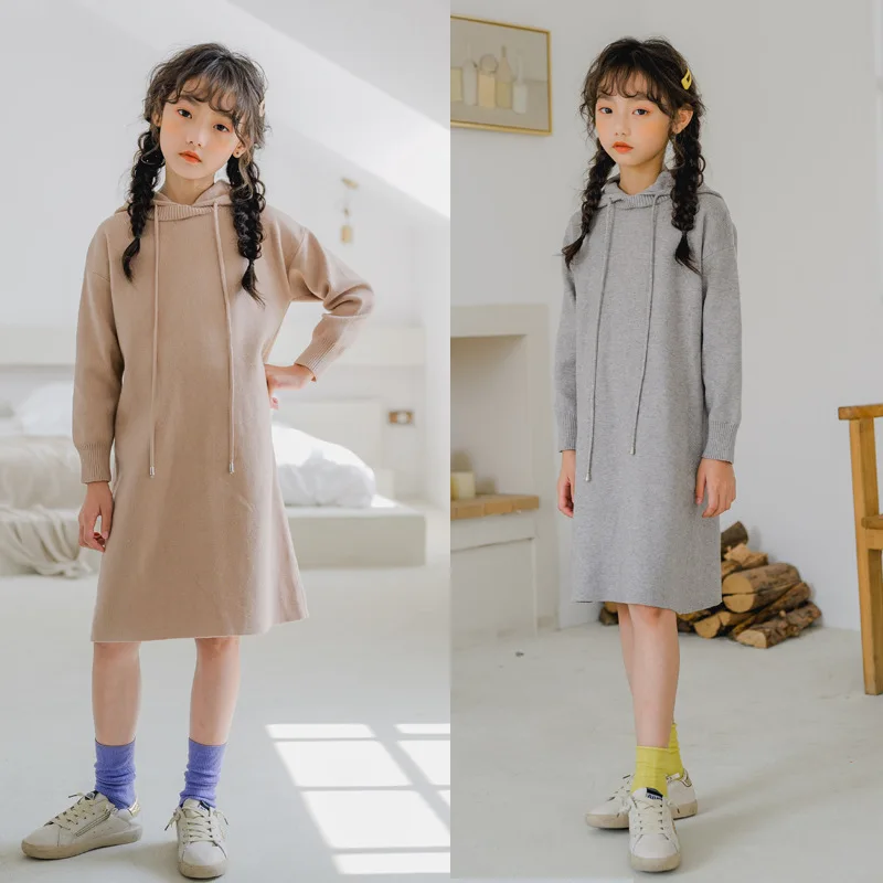 Новая осенняя одежда для детей возрастом от 4 до 14 лет г. И зимнее новое платье-свитер для девочек повседневное детское платье-карандаш с капюшоном одежда для малышей