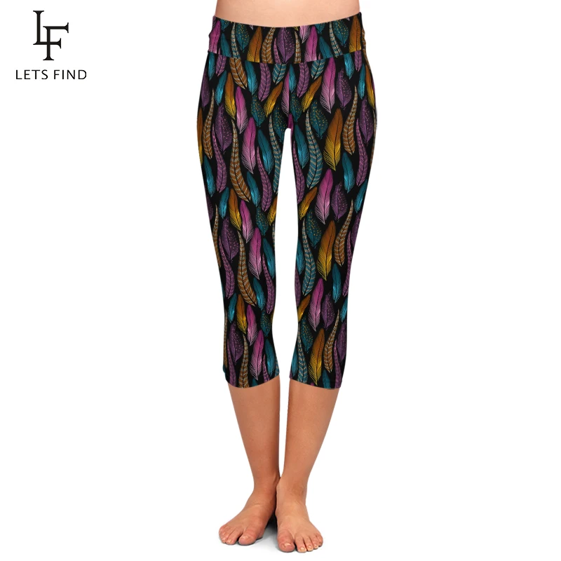 LETSFIND Plus Size Women Colorful Feathers Milk Silk Print Mid-Calf Pants High Waist Fashion Fitness Elastic Capri Leggings LETSFIND Plus Size Women Colorful Feathers Milk Silk Print Mid-Calf Pants High Waist Fashion Fitness Elastic Capri Leggings