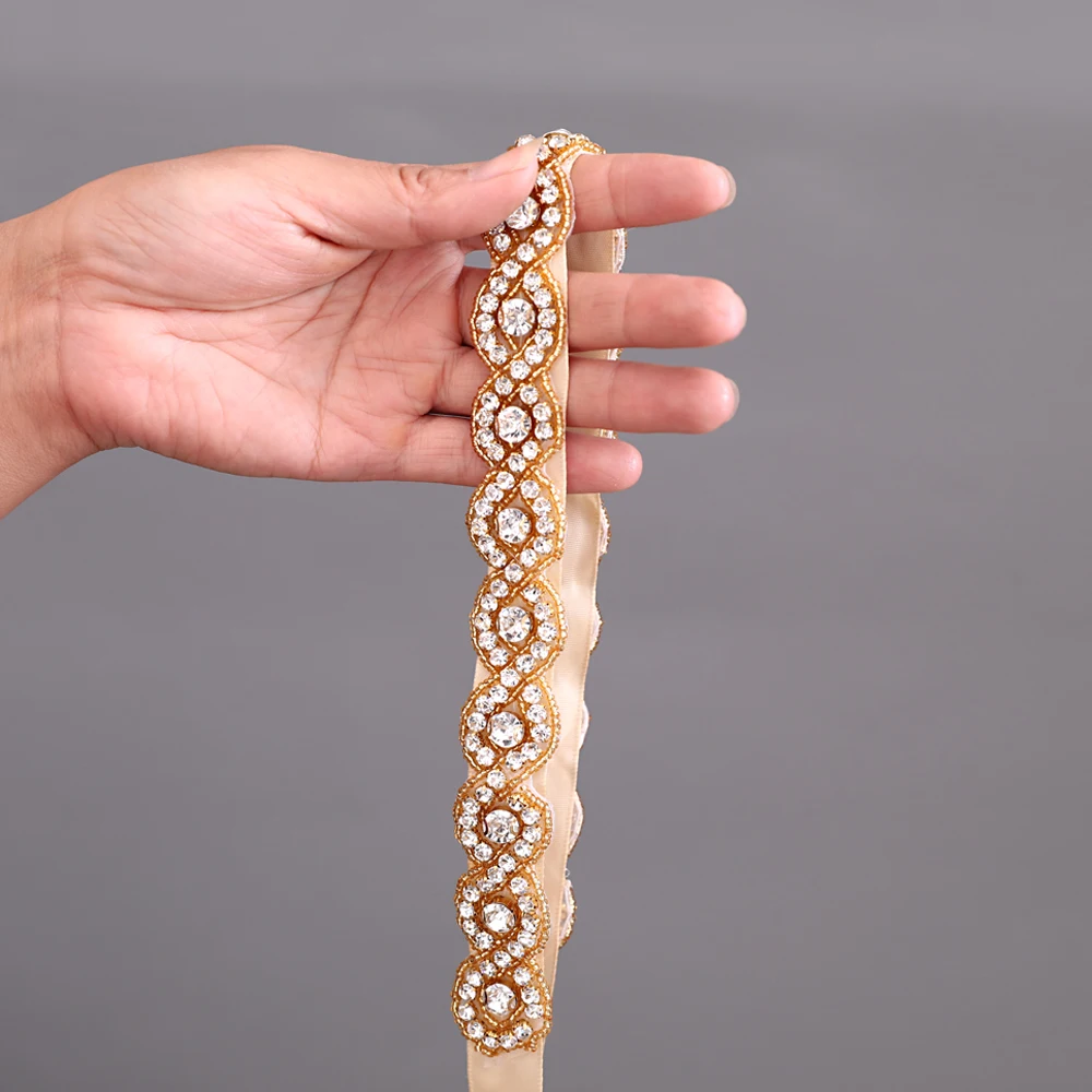 TRiXY S28-G Golden Diamond Belt Ribbon Sash with Rhinestones Belts for Formal Dress Diamond Belt Bridal Belt Bridal Wedding Sash