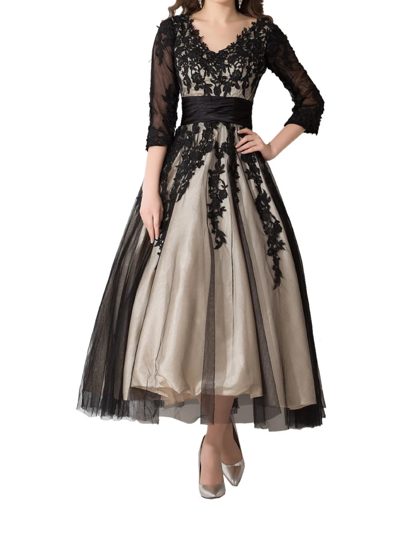 

2016 New Lace Elegant Champagne and Black Mother Of Bride Dresses V neck 3/4 Sleeve Zip Back Tea Length Women Party Gowns