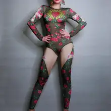 Красный алмаз Цветы Листья Шаблон Комбинезон Выпускной День рождения, празднование Боди Женщины певица костюм сценический бар наряд