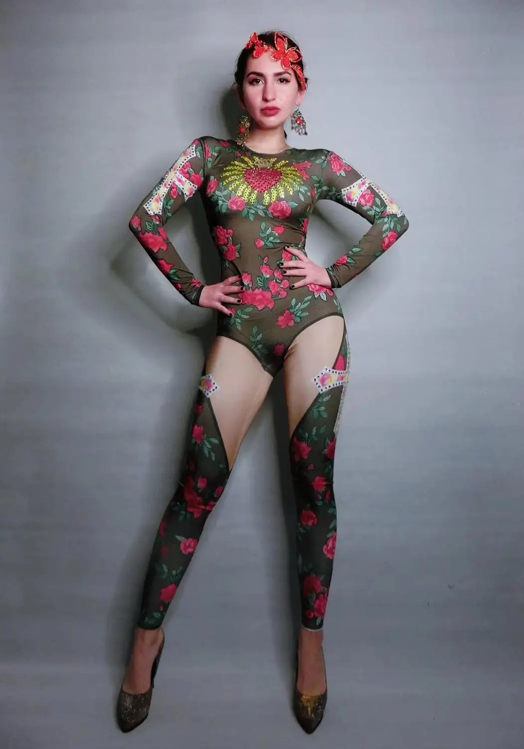 

Red Diamond Flowers Leaves Pattern Jumpsuit Prom Birthday Celebrate Bodysuit Women Singer Costume Stage Bar Outfit