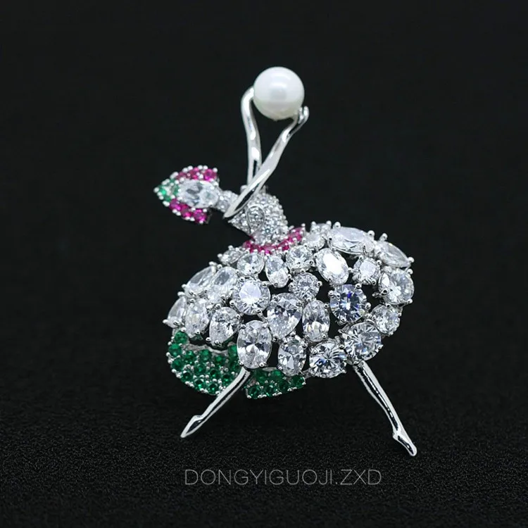 45x56mm Mountain Crystal Silver Plated CZ Micro Dancer Girl With White Pearl Brooch