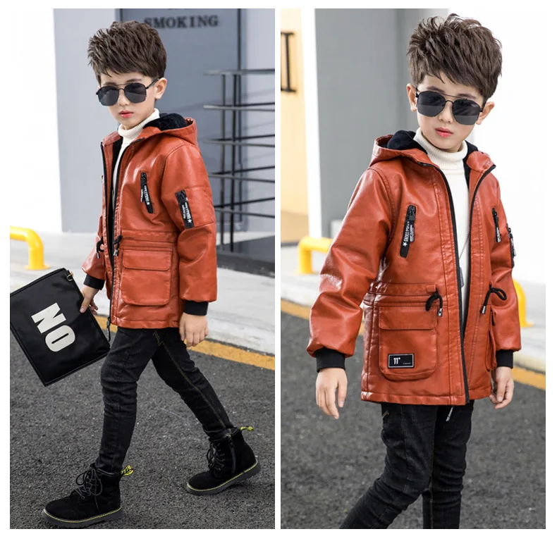 Новые детские кожаные куртки зимние Утепленные кожаные куртки для мальчиков детские длинные бархатные пальто с капюшоном