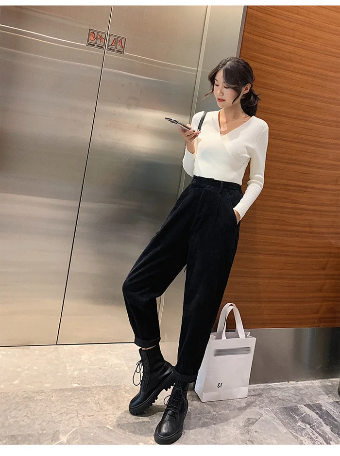 Winter Corduroy Pants Women Autumn High Waist Pockets Trousers Women Plus Size Streetwear Harem Pants Pantalon Femme