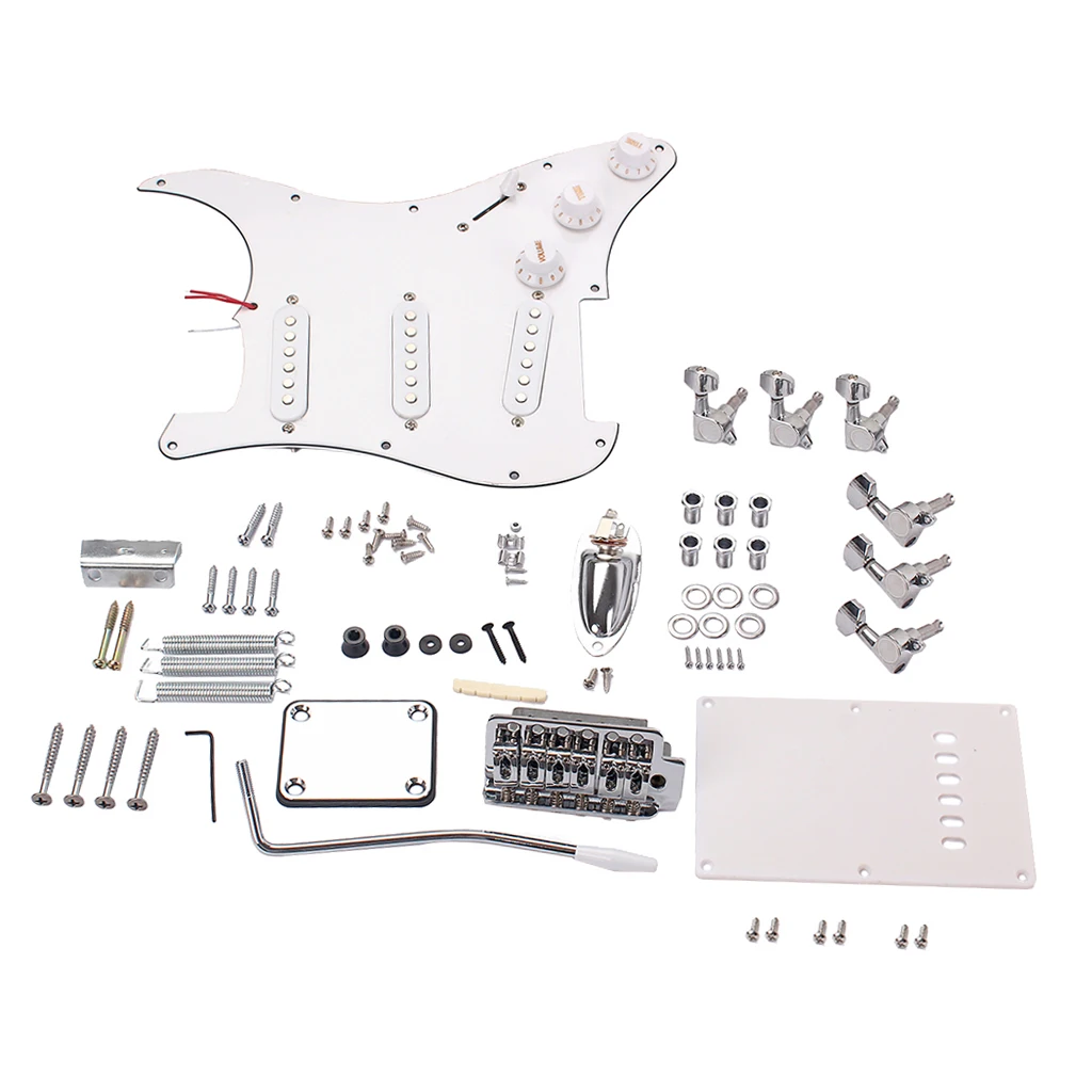 White Electric Guitar Tremolo Bridge System with 11 Holes Pickguard SSS Pickup, Back Plate, 1/4inch Jack Socket