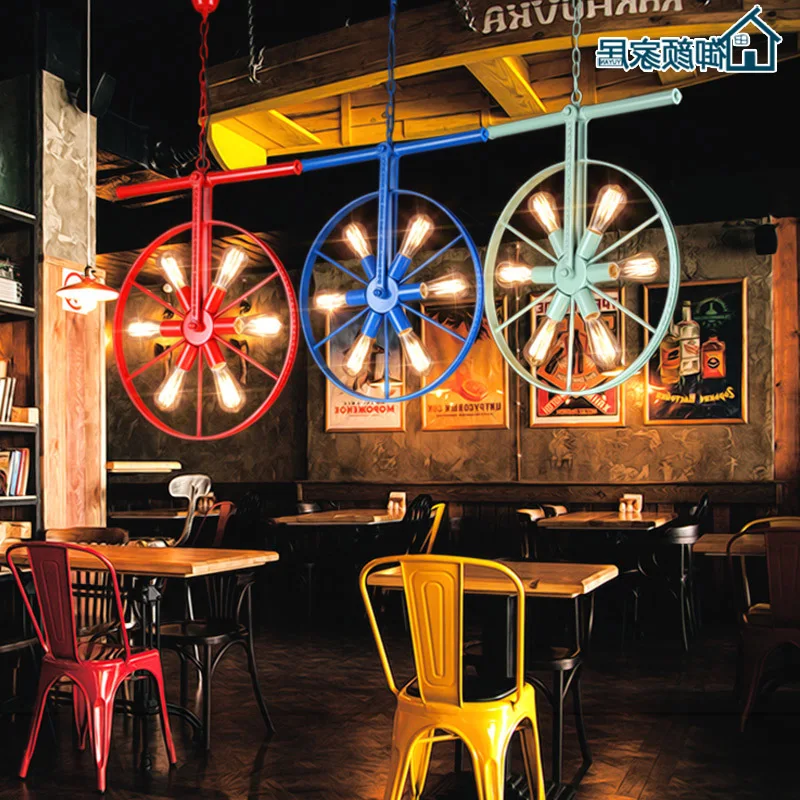 

Loft Retro Industrial Wind Personality Restaurant Bar American Country Iron Bar Art Color Wheel Chandelier luminaria pendente