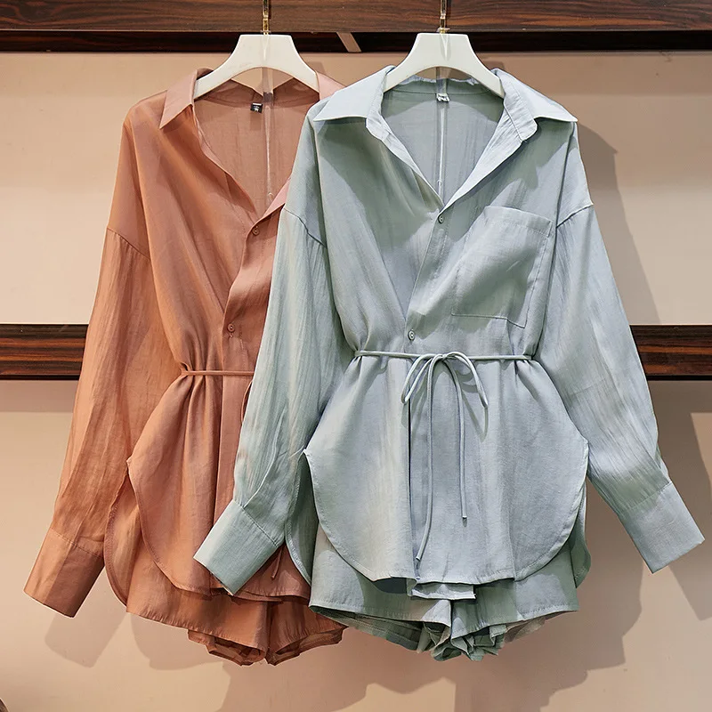 

Photo Shoot 2019 New Style Thin Waist Hugging Shirt Tops + Shorts Short-height Online Celebrity Immortal WOMEN'S Suit