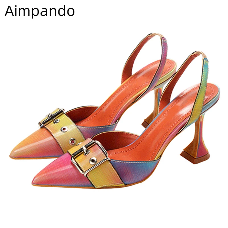 

New Design 2020 Summer Goblet Heel Sandals Women Back Strap Pointed Toe Buckle Belt Rainbow Colors Gladiator Shoes Woman