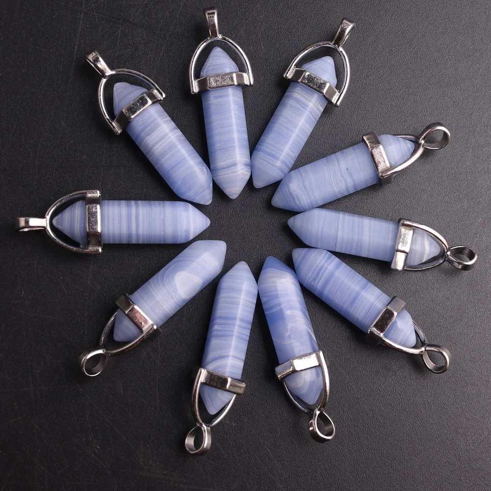 

50/100pcs Blue Stripe Agates Pendants Hexagonal column Natural Stone Quartz Pillar Necklace Pendants Healing Bullet Jewelry