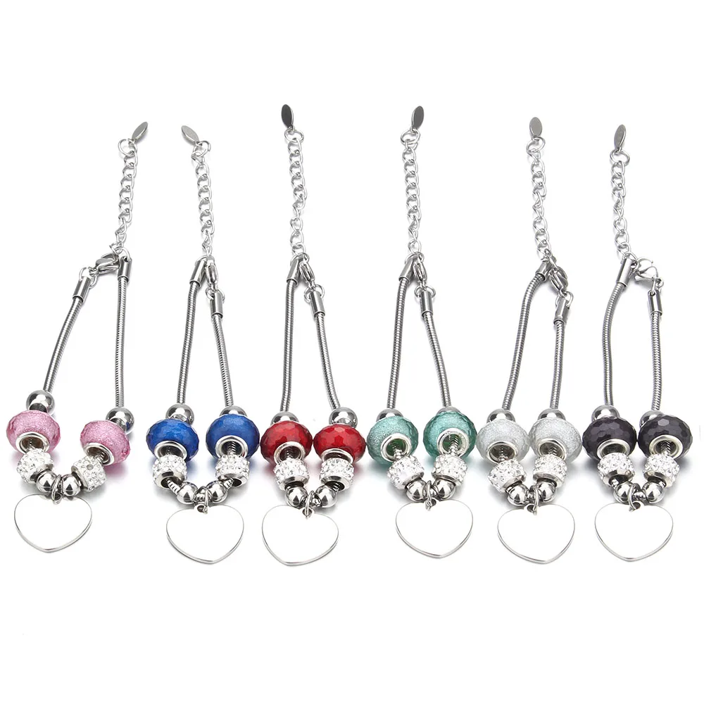 Fashion Stainless Steel Bracelets Heart Shape Charm Bracelets for Women Glass Beads Bracelet & Bangle DIY Jewelry Gifts