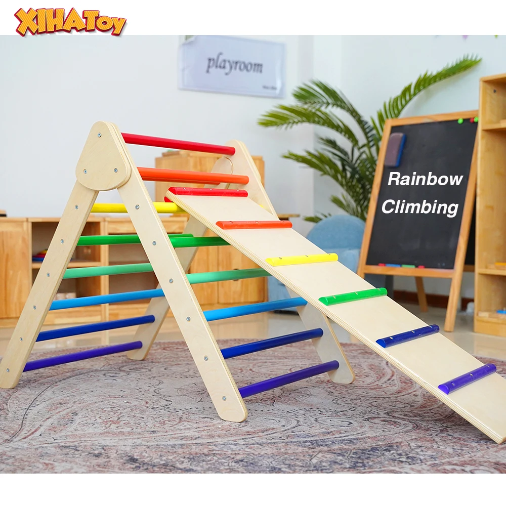 - 2pcs Rainbow Pikler Triangle Kids Toddlers Montessori Climber Ladder Slide Learning Waldorf Climbing Toy Toddler Balance Wood