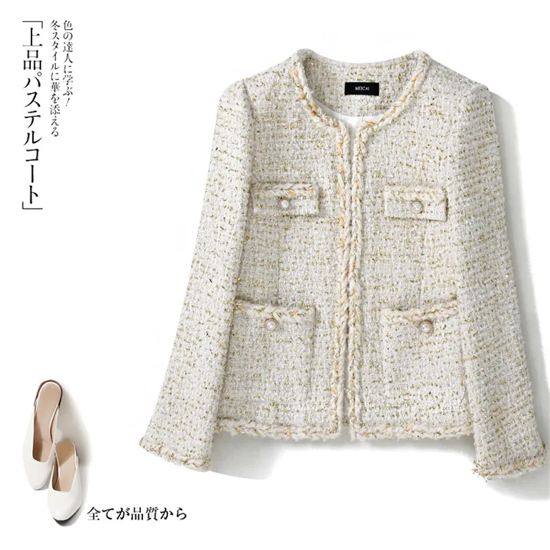 

Handmade Luxury Jacket for Women Fashion Vintage O Neck Covered Button Tweed Handwork Wool Loose Short Coat