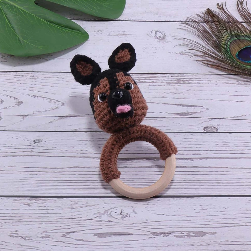 DIY Crochet Cartoon Lion Bunny Rattle Baby Wooden Ring Teether With Bell Newborn Teething Nursing Toy Montessori Children Toys 3