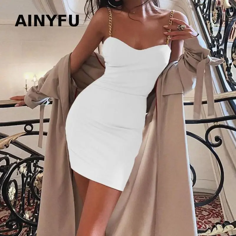 

Ainyfu Dress Women Sexy Ladies Dresses bodycon Party club clothes Metal sling Solid Above Knee Mini Spaghetti Strap 2020 New