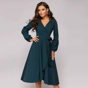 

Women Vintage Bow Sashes Elegant Dress Sexy V neck Long Sleeve A-line Party Dresses 2020 Spring New Fashion Casual Solid Dress