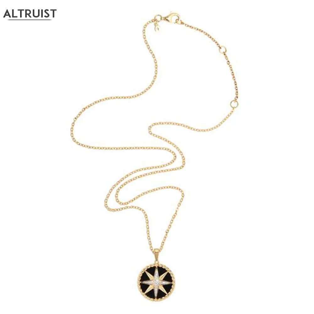 

Altruist 925 Sterling Silver Gold Compass Pendant Round Star Snowflower Necklace Black Enamel Long Chain Thin Women Jewelry