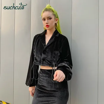 

SUCHCUTE Velvet Bandage Female Coats Outerwear Chinese Vneck Harajuku Korean Style Casual Button Autumn 2019 Black Women Clothes