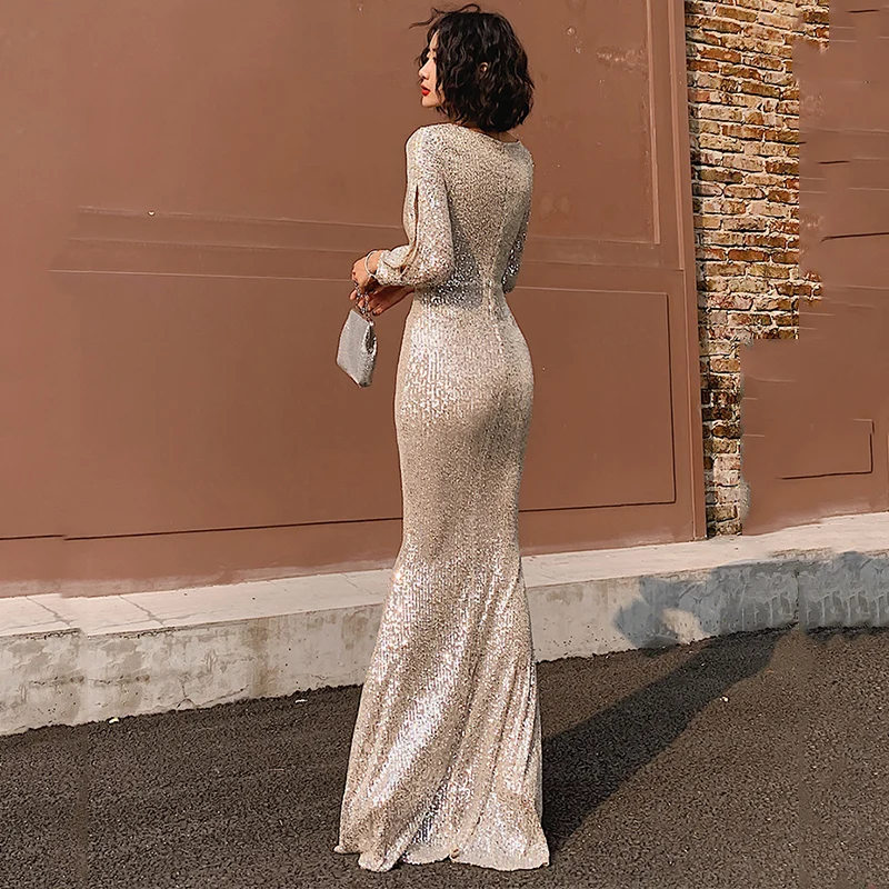 Вечерние платья цвета шампанского Robe De Soiree K063 Длинные рукава Глубокий v-образный вырез Формальные платья Русалка Длинные элегантные тонкие платья для выпускного вечера