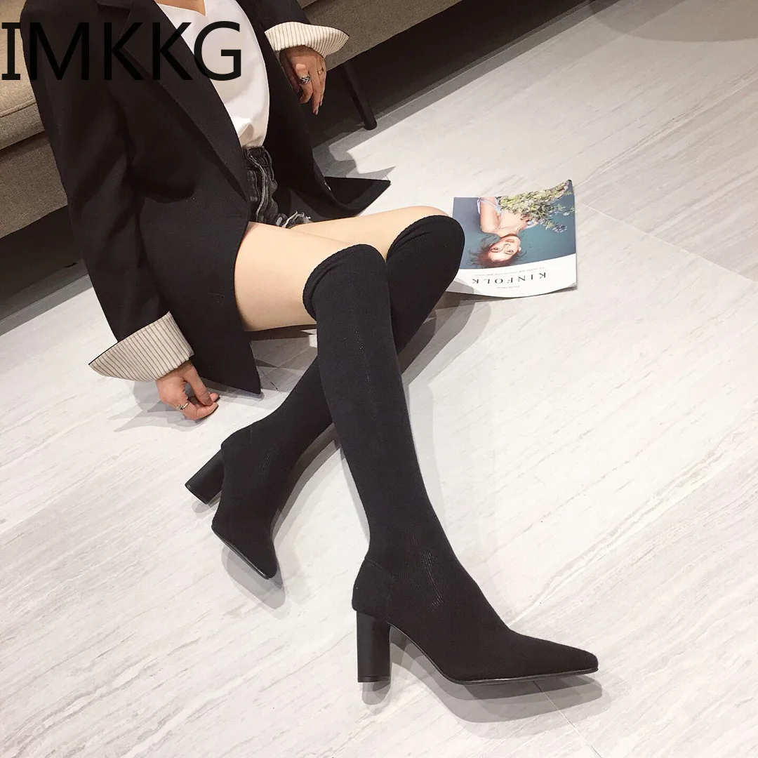 Г., женские Стрейчевые Сапоги выше колена зимняя обувь без застежки модные женские сапоги с острым носком на квадратном каблуке