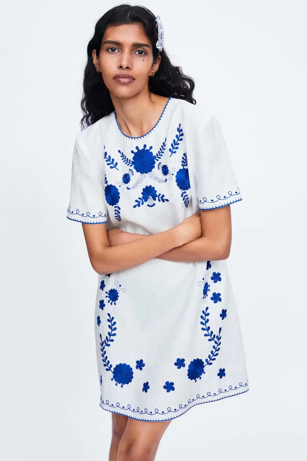 

Europe And America 19 Summer New Style Ethnic-Style Flower Embroided Dress Versitile Fashion Crew Neck Short Sleeve Holiday Skir