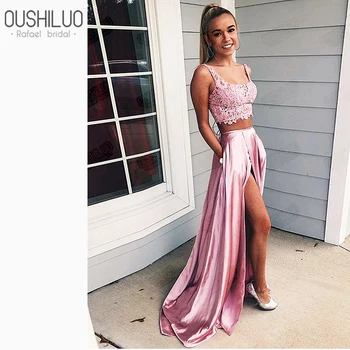

Crop Top Prom Dresses Square Neck Sheer Lace Satin Skirt Two Piece High Split A Line Sweep Train Party Dress Gown