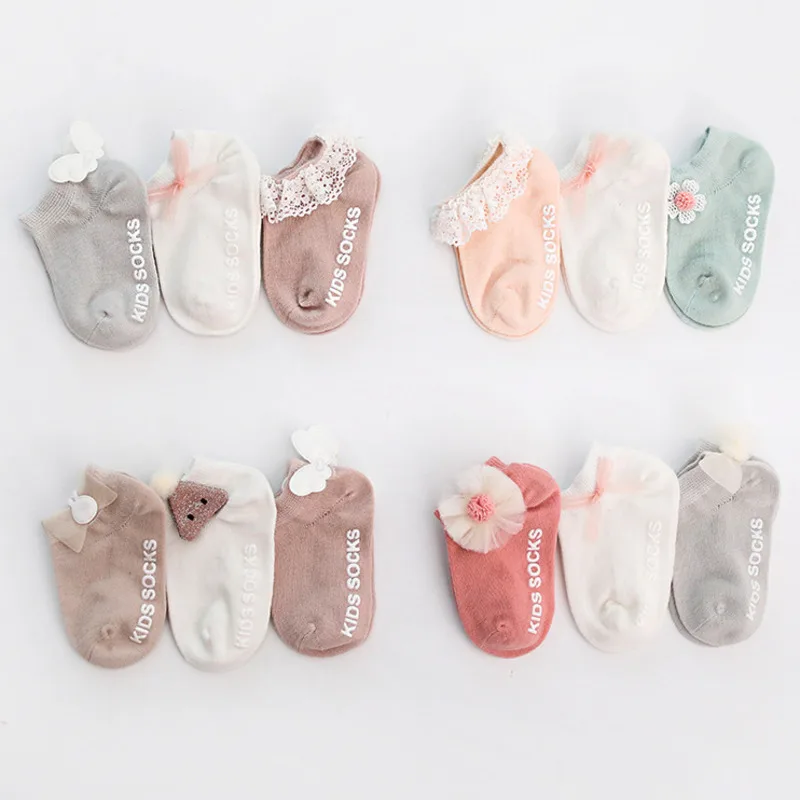 

3 Pairs/Pack Newborn Cotton Ankle Socks Toddler Anti-slip Floor Sock Cute Baby Girls 3D Ruffled Bowknot Flower Socks Princess