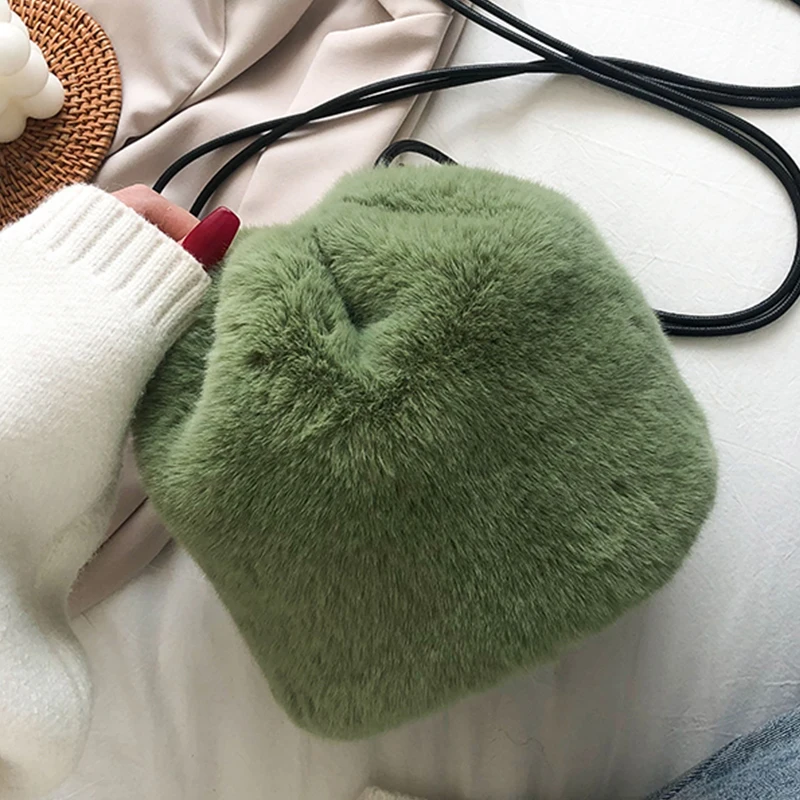 Small Soft Rabbit Fur Bucket Bag Crossbody Bags for Women 2020 Winter Purses and Handbags Luxury Designer Warm Lady Shoulder Bag photo