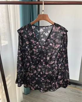 

Women Ruffled Blouse Casual V Neck Shirt Long Sleeve See Through Tops