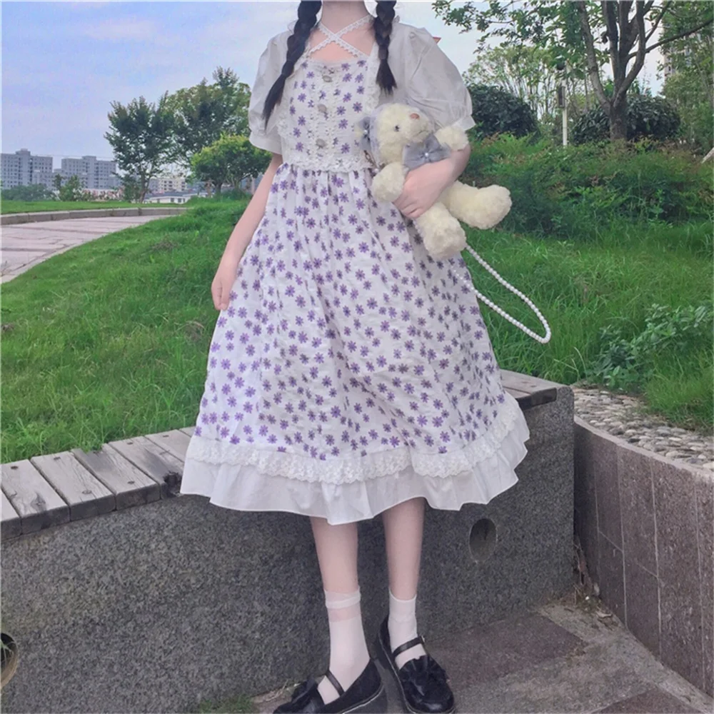 Japanese Sweet Kawaii Cute Lolita Style Women Dress Summer Soft Girly Square Collar Puff Sleeve Floral Printed Lady Dress Female