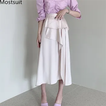 

2020 Summer Korean Satin Stylish Long Skirt Women High Waist Ruffles Splitting Midi A-line Skirts Elegant Fashion Ladies Skirts