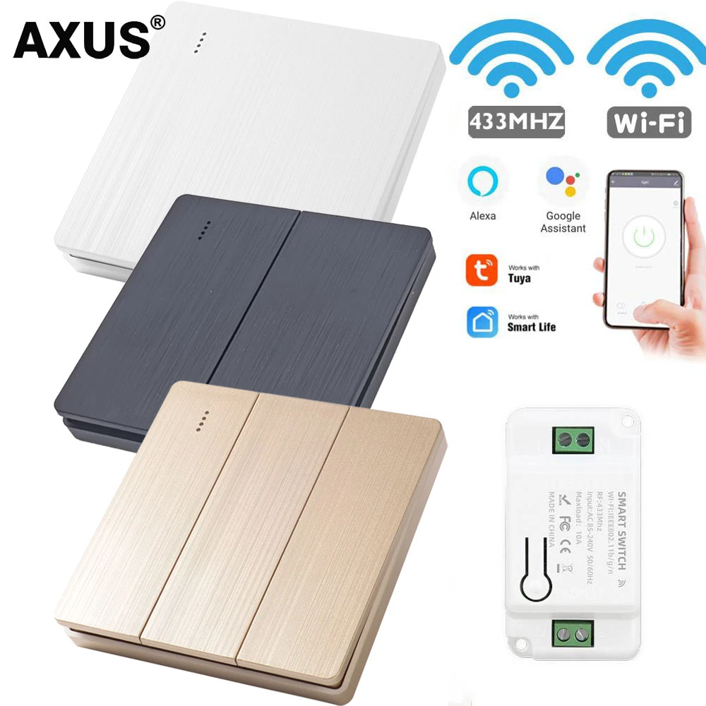 AXUS Tuya Wall Smart WiFi Push Button Switch RF 433Mhz Light Switch Wireless Remote Controller Relay Module Google Home Alexa remote light switch control