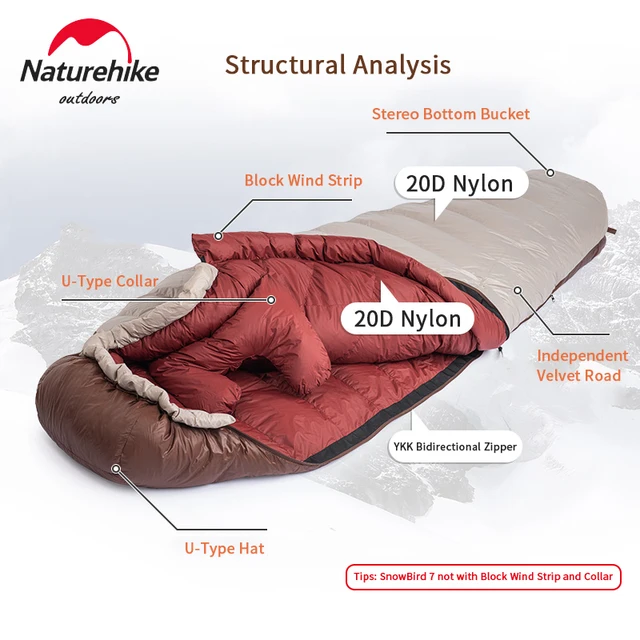 Naturehike 겨울 하이킹 침낭 - 초경량 덕다운 스노우버드, 휴대용 20D 미라, 야외 캠핑 침낭, 650FP, 신제품