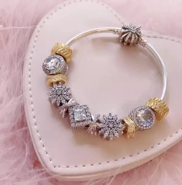 925 пробы серебро кристаллизуют Sneeuwvlok Sluiting змея цепи основные Armbanden ПАН браслет Fit
