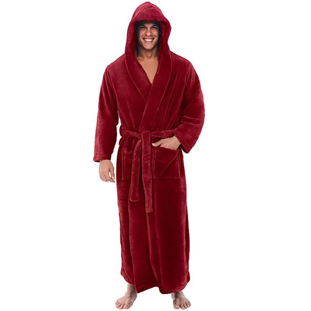 2019 New Style Bathrobe Men Winter Lengthened Plush Shawl Bathrobe Home Clothes Long Sleeved Pocket Comfortable Robe Bathrobe