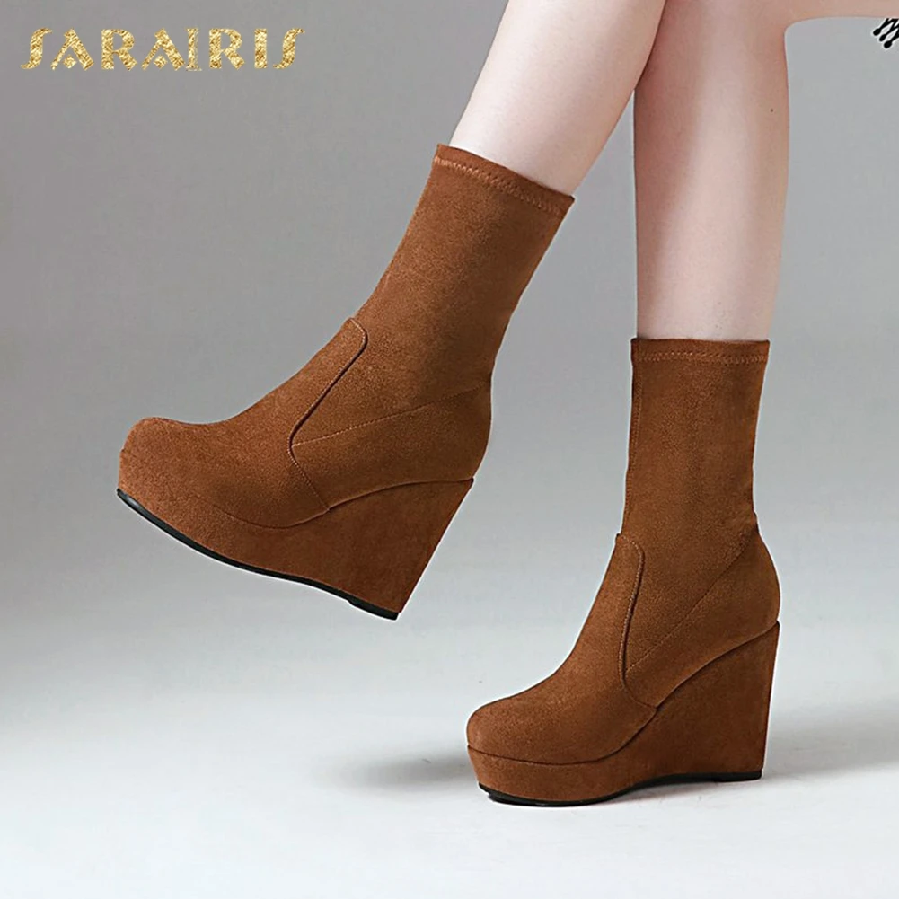 

Sarairis High Quality new arrivals 2019 Wedge High Heels Ankle Boots Woman Shoes Platform Slip On Concise Shoes Women Boots