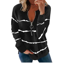 

2021 Autumn Women New Fashion Zipper V-Neck Hoodie Tops Female Tie Dye Stripe Print Loose Long-Sleeve Street Sweatshirt Pullover