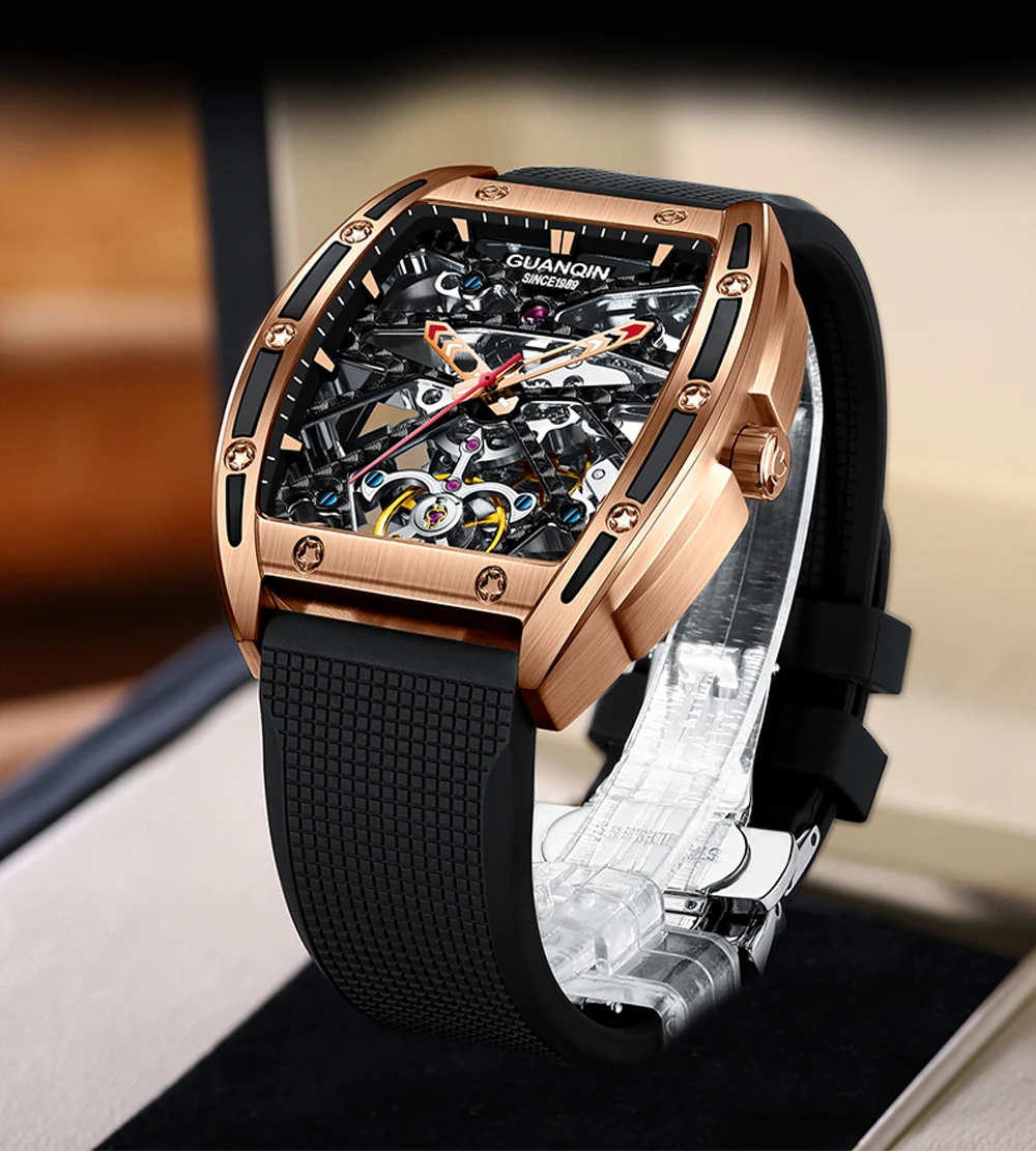 2021 New GUANQIN Tourbillon Men's Mechanical Watches Skeleton Luxury automatic watch for men Waterproof Clock man reloj hombre
