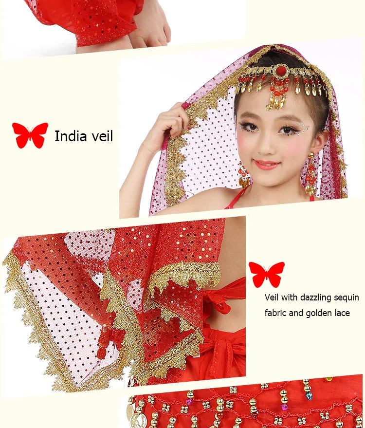 8 цветов детский набор костюма для танца живота Восточные Танцевальные Костюмы Девушки Египетский Болливуд индийский танец живота одежда